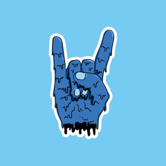 hand torn off blue grime art making rock sign, demon with white sticker border