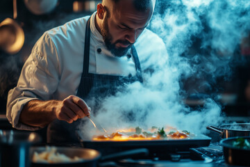 Chef utilizing AI technology to enhance culinary creations in a bustling kitchen