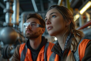 Two professionals in safety gear observe machinery in an industrial setting, showcasing teamwork and focus.