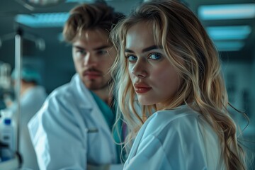 Obraz premium Two scientists collaborate in a modern laboratory, showcasing innovation and teamwork in research and discovery.