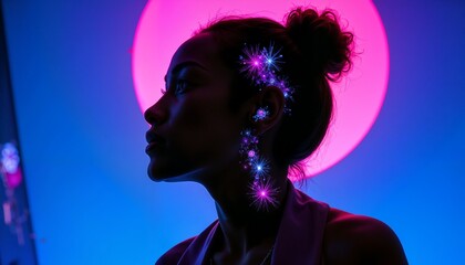 Fototapeta premium Artistic silhouette of a woman against a colorful background with glowing accents, capturing an ethereal and modern vibe, copy space 