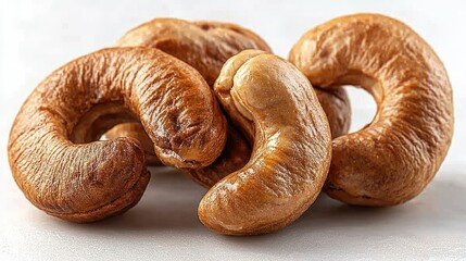 A close-up of several roasted cashew nuts on a light surface.