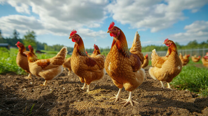 Fototapeta premium Dynamic shot of chickens pecking at seeds spread across a patch of dirt and grass in an expansive free-range poultry environment. 