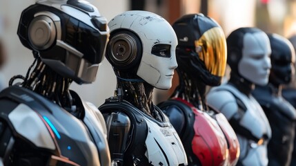 Group of futuristic robots in uniform rows