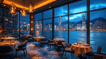 Fototapeta premium Luxurious restaurant with stunning city skyline view at night.