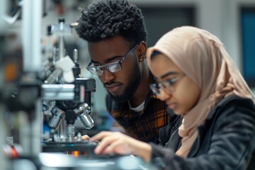 Two young engineers collaborate on a project, utilizing advanced technology for innovative solutions in their field.