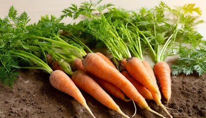 Fresh Carrots with Green Tops Growing in the Soil Ready for Harvesting