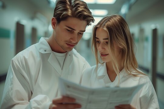 Two young professionals examining a document in a clinical setting, showcasing teamwork and collaboration.