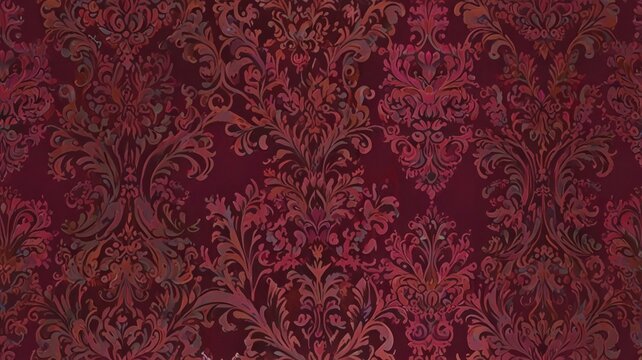 Fototapeta Seamless damask pattern in burgundy and maroon.