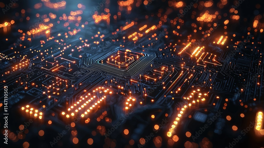 Poster a close-up view of a glowing circuit board with intricate patterns and lights.