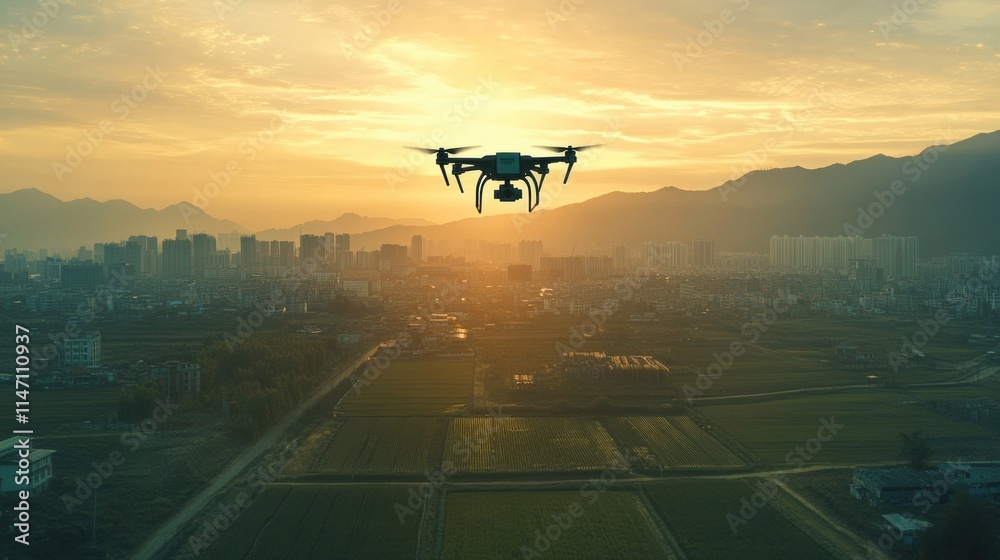 Poster Automated drones controlled by AI deliver goods and monitor urban and rural landscapes during sunset in a clear sky. Generative AI