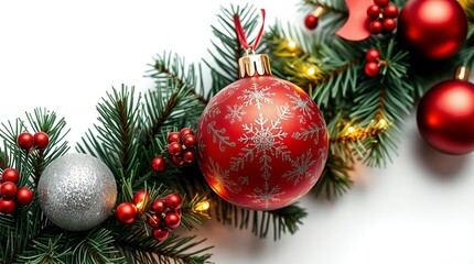 Fototapeta premium Festive Christmas decorations arranged on a white background.