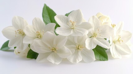 A cluster of delicate white flowers with green leaves, symbolizing purity and beauty.