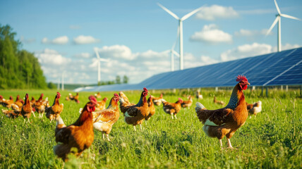 Eco-friendly poultry farm: chickens grazing under wind turbines and solar panels, promoting sustainable food production practices. 
