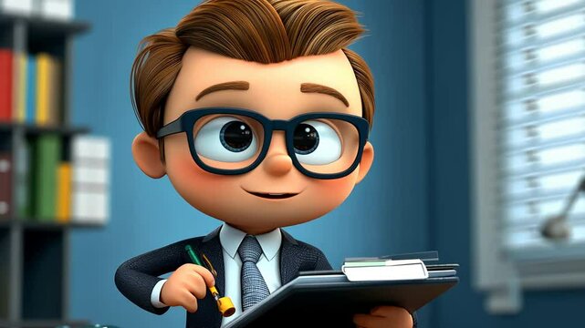 Funny Cartoon of a Student in Glasses Reading a Book at School with a Boy and a Computer in 3D Vector Illustration