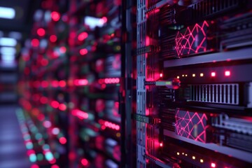 Obraz premium Server racks with blinking red lights are filling a modern data center