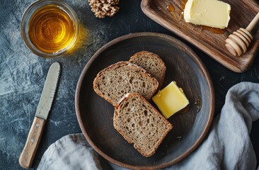 Freshly baked bread with butter and honey arranged on a rustic table with wooden utensils and an inviting