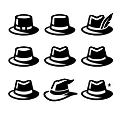 Classic Fedora Hat Set: A collection of nine fedora hats, each with a unique design, perfect for adding a touch of vintage style to your projects. The hats are black and white.