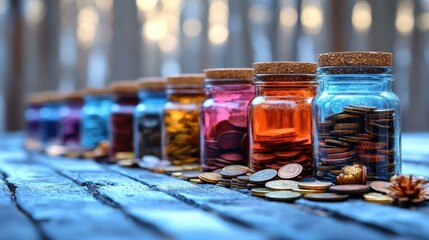 Monetization Contingency fund Fractional investing Crypto lending Money market account assest Hyperjar Wefunder Vivid Chip Savings Glass jars with colorful spices and coins on wooden table, showcasin
