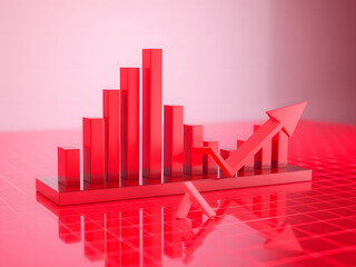 Fototapeta premium Red Hot Growth: A 3D rendering of a bar graph in bold red, showcasing a dramatic upward trend symbolized by a large arrow, against a sleek, reflective background.