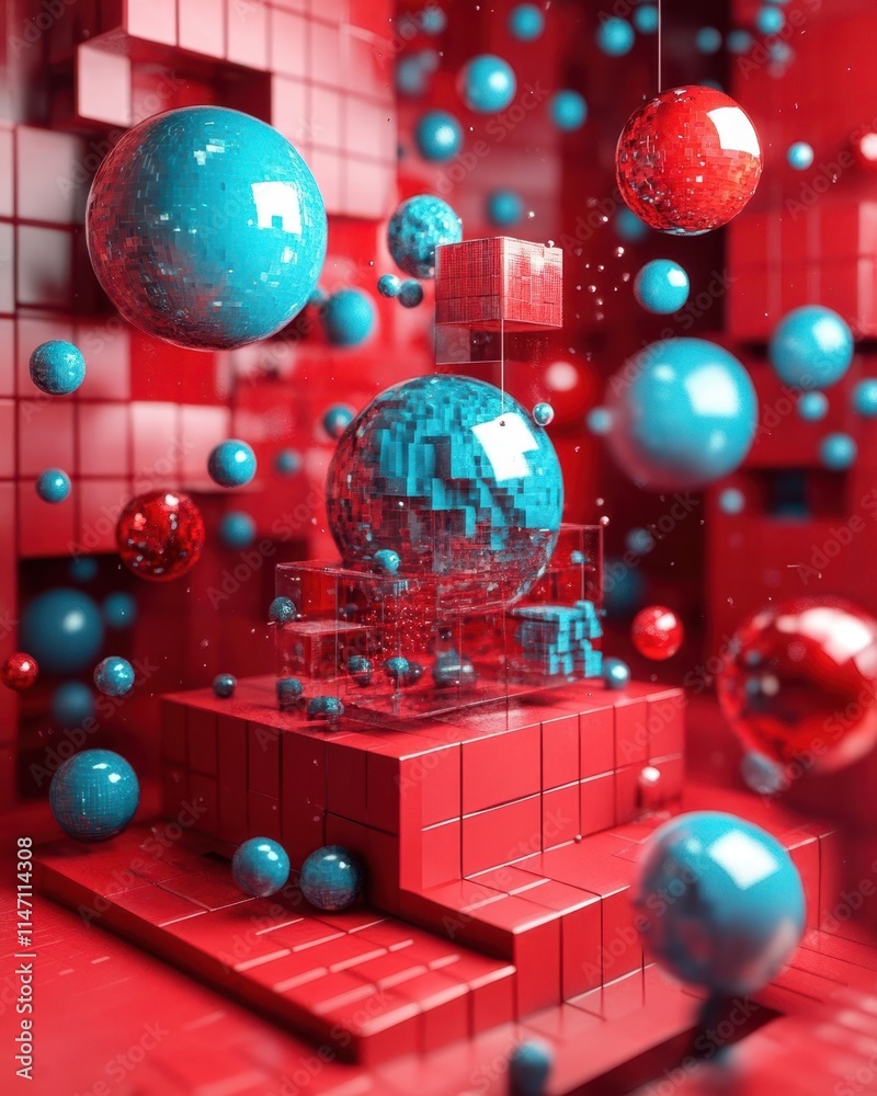 Poster exploring the dynamic interplay of abstract geometric shapes in a vibrant anaglyph space