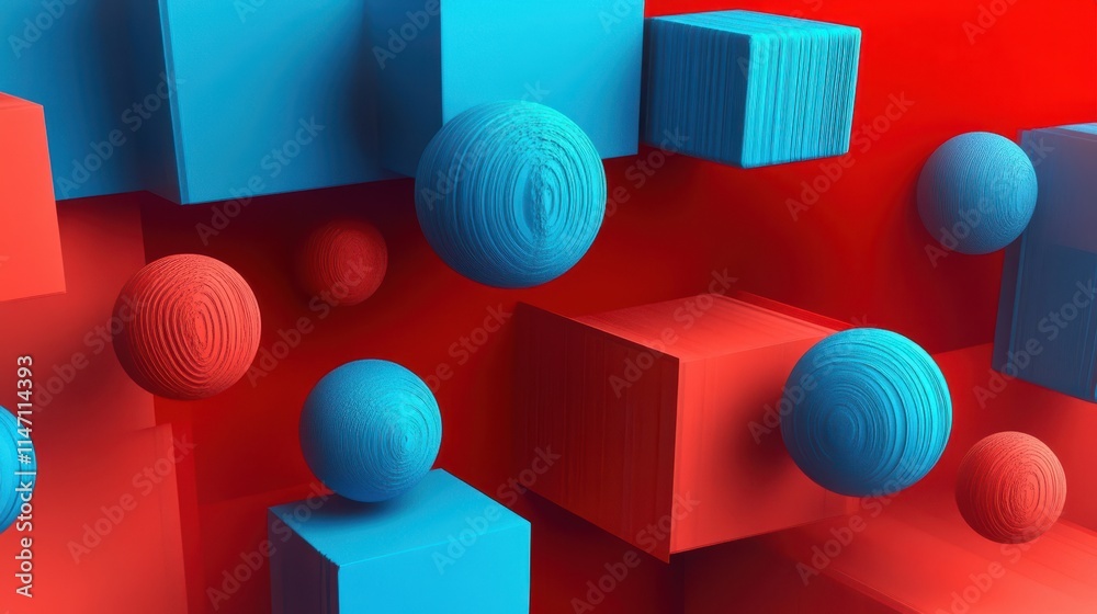 Poster vibrant interplay of textured geometric shapes in anaglyph style showcasing depth and color contrast