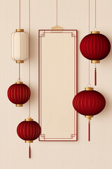 Seollal, Korean Lunar New Year Lantern template, white and gold minimalist interior design, with traditional holiday hanging red lanterns, with a serene and elegant feel, for Chinese New Year