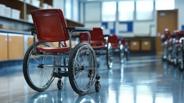 Inclusive education ttd Muscle weakness Postural orthostatic tachycardia syndrome A11y Neurodiversity EvolutionIQ Included Health Everyhuman careaccess Red wheelchair with chrome wheels standing on s