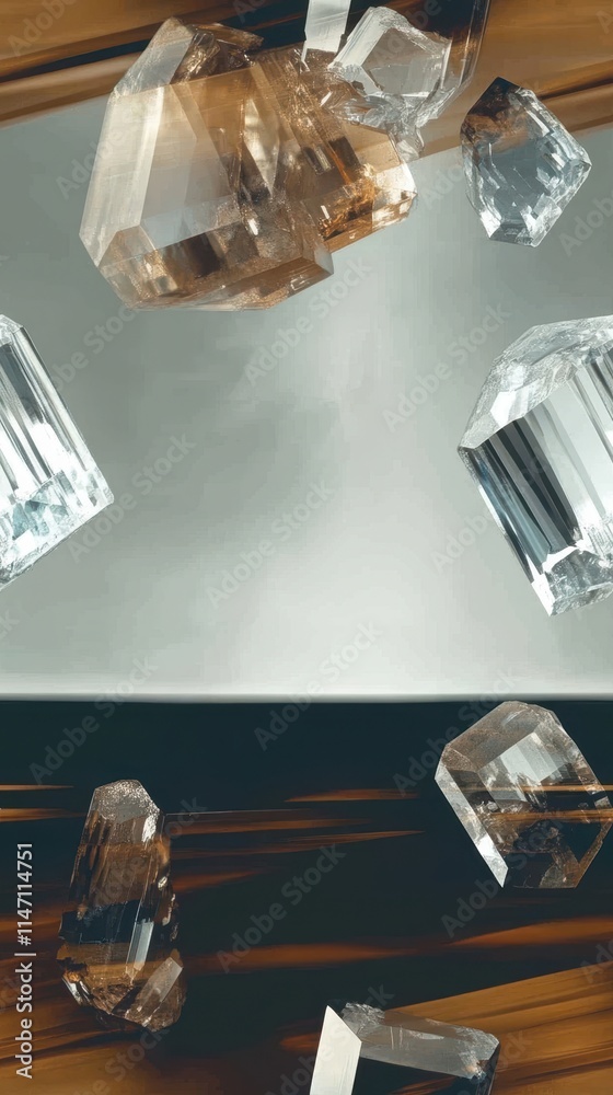 Poster elegant display of rauchtopaz and smoky quartz gems reflecting light in an artistic arrangement
