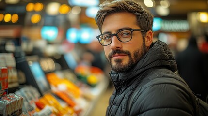 Handsome bearded man with glasses wearing black jacket shopping in colorful grocery store aisle with blurred background for lifestyle, shopping, portrait, casual, urban themes