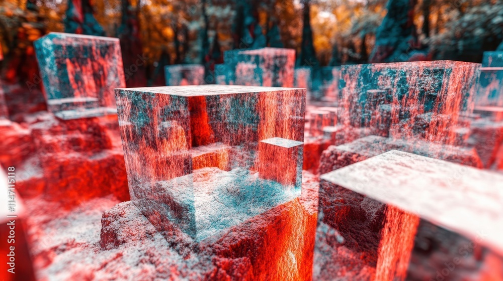 Poster mysterious crystalline structures emerge in a surreal forest landscape during twilight hours