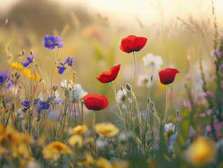 Vibrant wildflower field at sunset creating a serene natural landscape full of colorful blooms and warm light