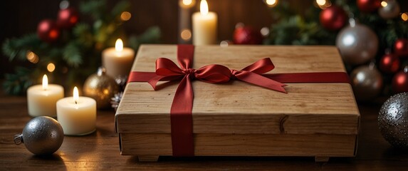 Gift of Warmth: A rustic wooden gift box, adorned with a crimson ribbon, sits amidst flickering candlelight and festive ornaments, exuding a sense of cozy holiday cheer. 