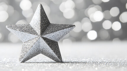 A single silver glitter star rests on a sparkling surface against a bokeh background. Perfect for holiday, celebration, or festive themes.