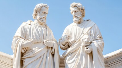 Fototapeta premium White marble statues of two biblical apostles standing together on an architectural ledge against a clear blue sky.