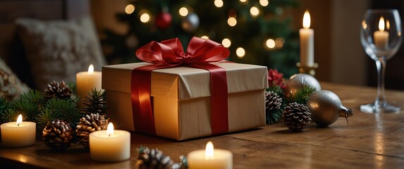 Christmas Gift Surprise: A beautifully wrapped gift sits on a wooden table, surrounded by lit candles and festive decorations, creating a warm and inviting Christmas scene.