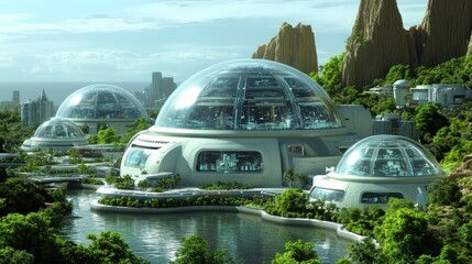 Obraz premium Worldbuilding Solarpunk Decentralized autonomous organization Automated market maker Simulated reality Crypto ecosystem neom Ark7 ifree Puraclenz Futuristic transparent domes with greenery and water 