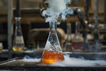 Bubbling orange chemical liquid in an erlenmeyer flask creating smoke in a laboratory