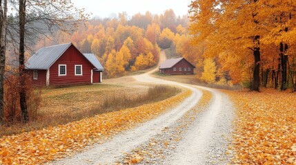 Cozy red wooden houses with gray roofs beside winding dirt road covered with fallen autumn leaves surrounded by colorful orange and yellow trees for fall season, countryside landscape
