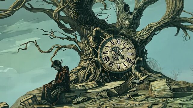A man sits beneath a massive tree with embedded clocks, contemplating the passage of time.