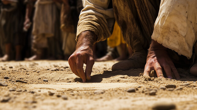 Jesus Writing in the Sand with Crown of Thorns Teaching Wisdom