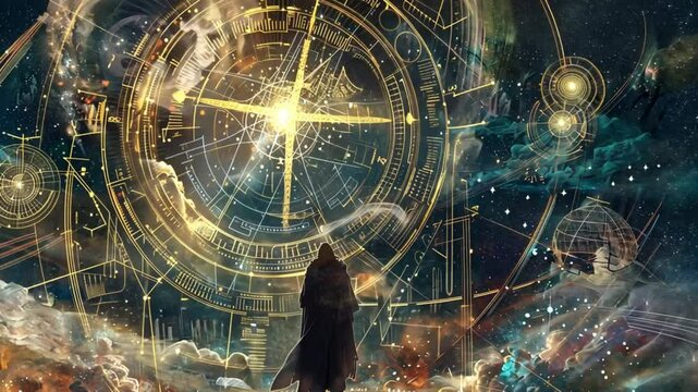 A cloaked figure stands beneath a cosmic swirl, reflecting on the vast mysteries of the universe.