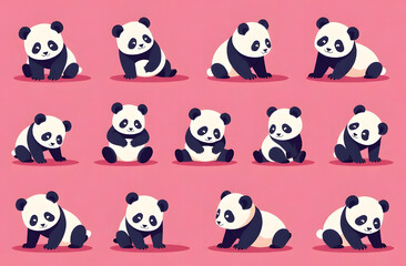 Naklejka premium Seamless pattern of Panda figures in different poses on transcendent pink background. Wrapping paper concept. Banner. Vector illustration