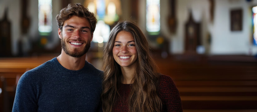 Portrait of smiling catholic or mormon man and woman on blurred background of church, religious people, believer, christian