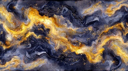 Fototapeta premium Abstract cosmic art with swirling blue, gold, and black textures creating a dreamy and ethereal space background for various design projects