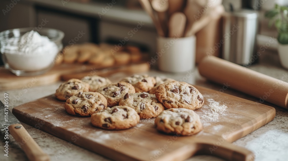 Poster freshly baked cookies on a kitchen countertop with a scattering of flour and kitchen utensils in the