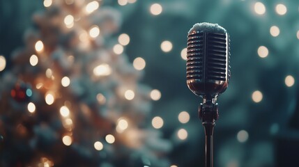 A retro microphone with a chrome finish that sits on a stand covered with a light layer of snow. The scene looks cozy and suitable for the New Year holidays. Copy space.