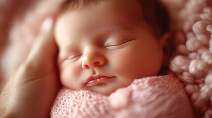 Sleeping newborn baby girl with gentle hand support, cozy pink knit blanket, peaceful serene moment, perfect for family, parenting, newborn care, baby announcement, warm soft background, natural ligh