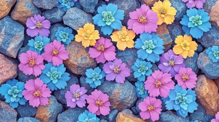 Colorful pink purple yellow flowers blooming on natural blue rocks, vibrant garden scene for spring decoration, floral botanic background with fresh lively mood, outdoor nature beauty image