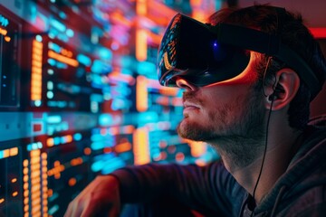 It specialist using vr headset interacting with holographic server racks in data center